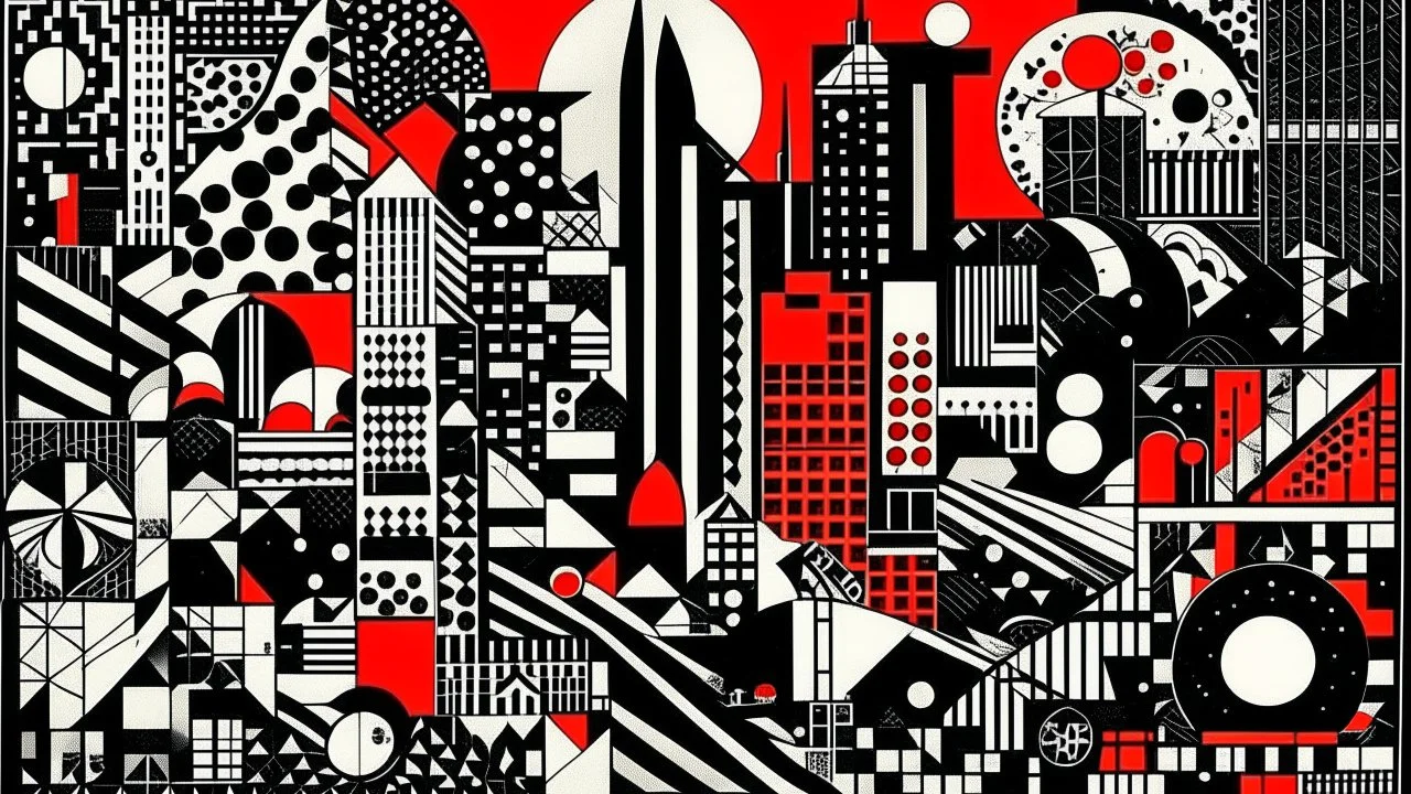 An abstract and geometric illustration by Malevich and Kuniyoshi of a black and white futuristic city with an anarchist red and back flag.