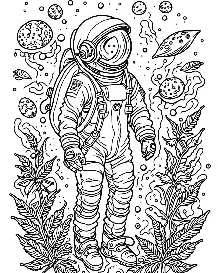 outline art for stoners coloring pages with A very simple and super minimal design featuring A cosmic coloring page featuring an astronaut floating in space surrounded by cannabis constellations., white background, sketch style, fully body, only use outline, cartoon style, clean line art, white background, no shadows and clear and well outlined