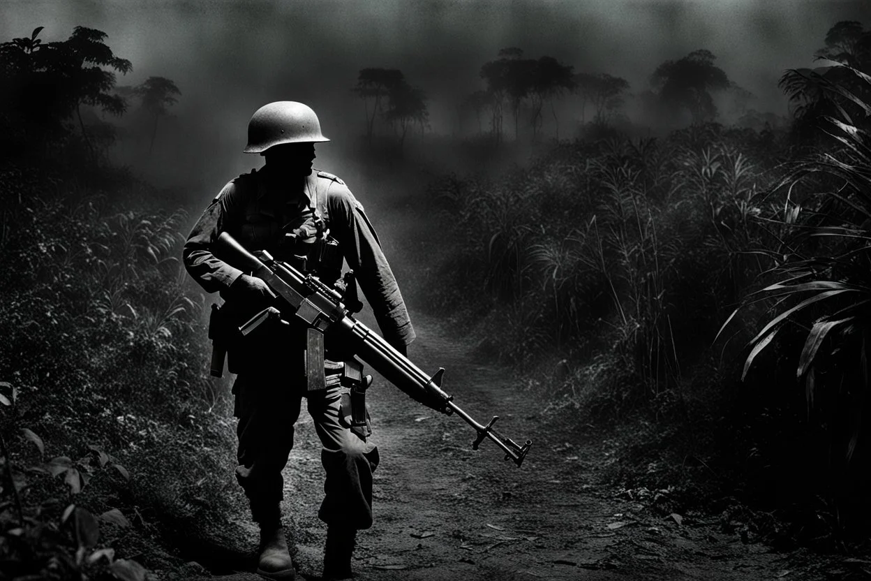 Spectral ghost of a headless soldier carrying a Thompson machine gun through the Congo at night