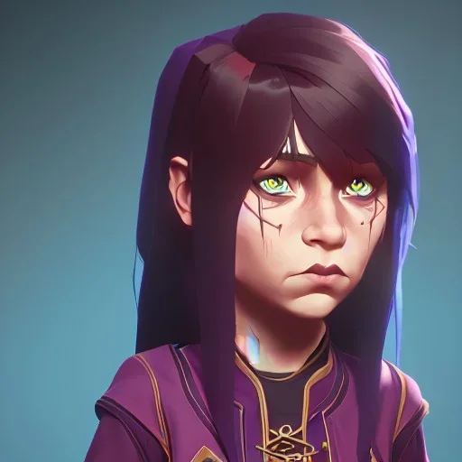 Portrait of a sweet 9 year old warlock toddler girl with brown hair with bangs and blue eyes