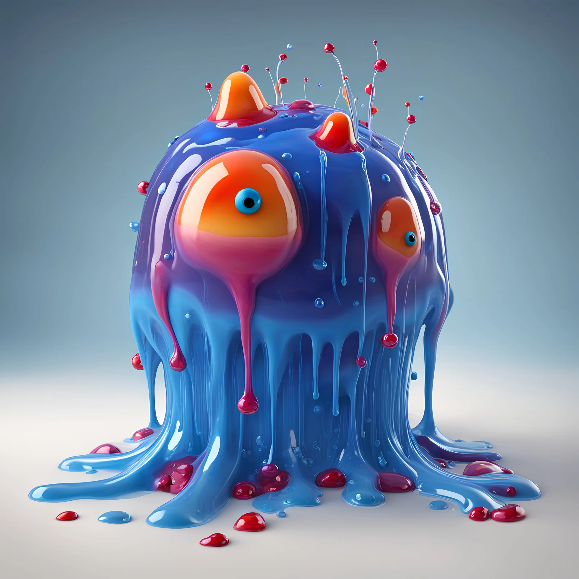 A whimsical dripping blue jello monster, playful, colourful, 3d render, maya, highly detailed, Z brush, cgi, Pixar 3D art, jelly wobbly texture, big white eyes,slime ball, super cute, animated realism, long wobbly arms, funny feet, ((blob)), quirky, funny feet, pop surrealism, modular constructivism, subsurface scattering, crepuscular realism, ray tracing, big eyes, smiling, salivating, shiny, multi coloured, big smile, sharp teeth, (((Pixar 3D animation style))), 4k