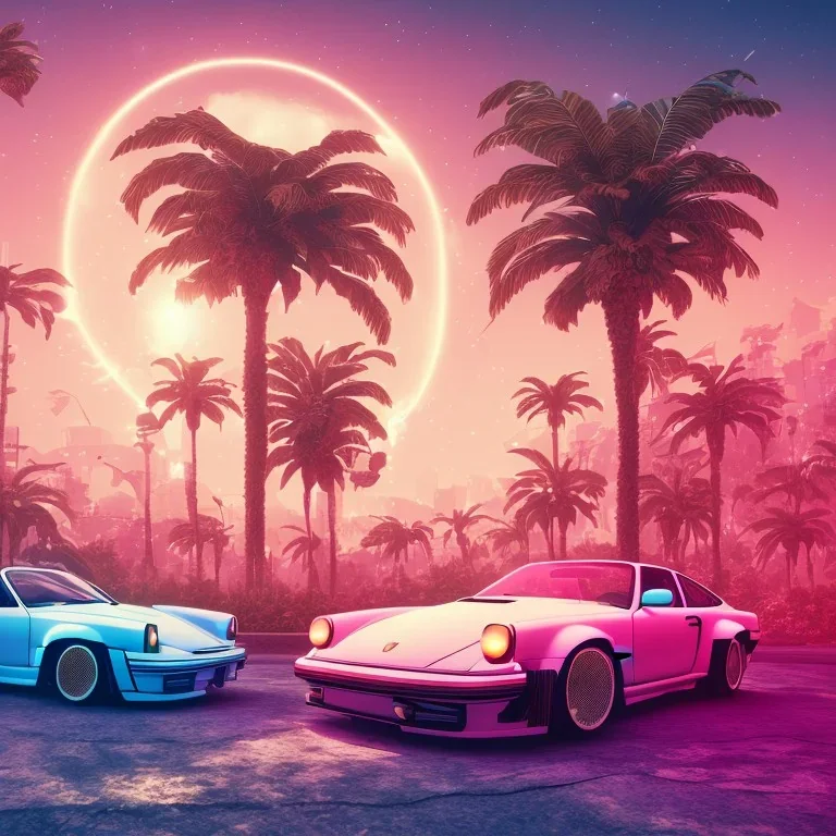 1980's aesthetic vaporwave palm trees and spheres and neon Porsche