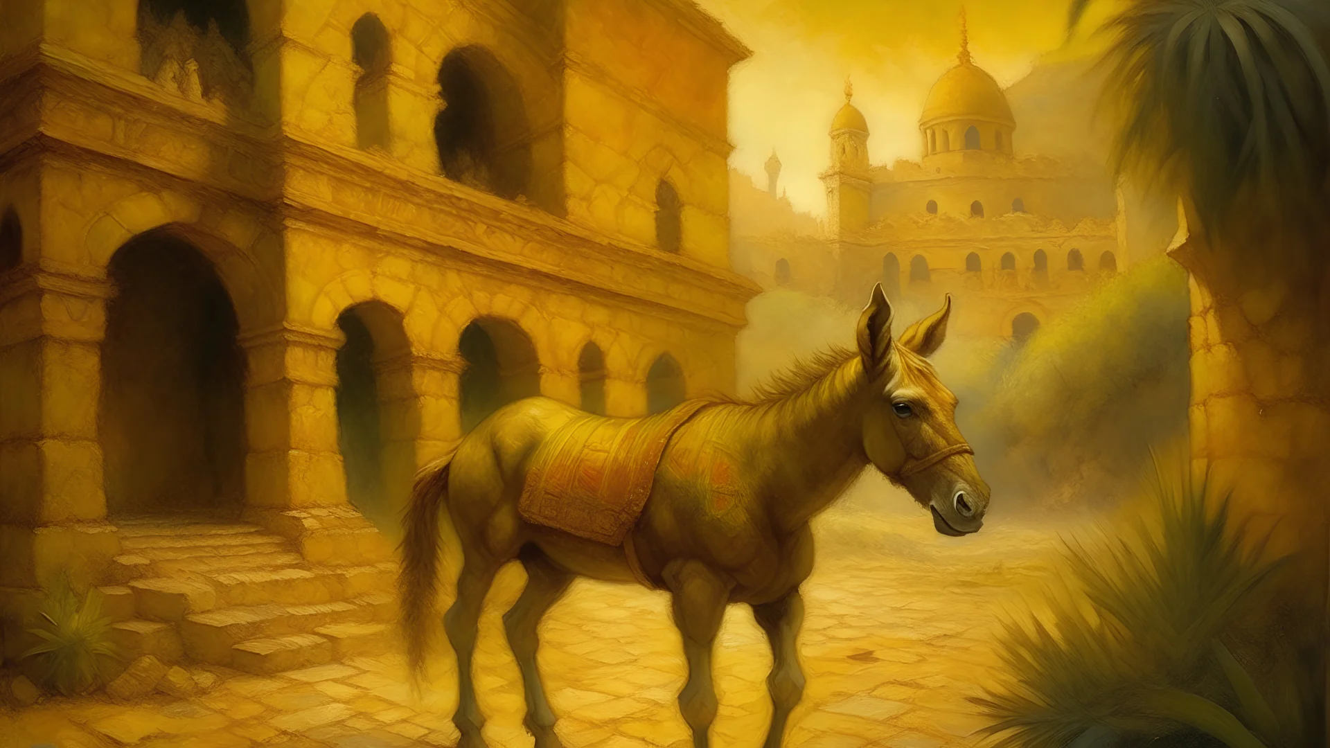 A Renaissance oil painting style depicting a golden aura surrounding a donkey in the ancient city of Babylon