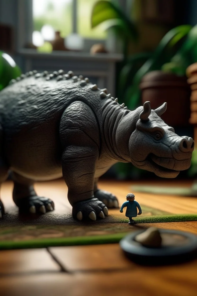 me using a hippo dinosaur on a doormat,shot on Hasselblad h6d-400c, zeiss prime lens, bokeh like f/0.8, tilt-shift lens 8k, high detail, smooth render, down-light, unreal engine, prize winning