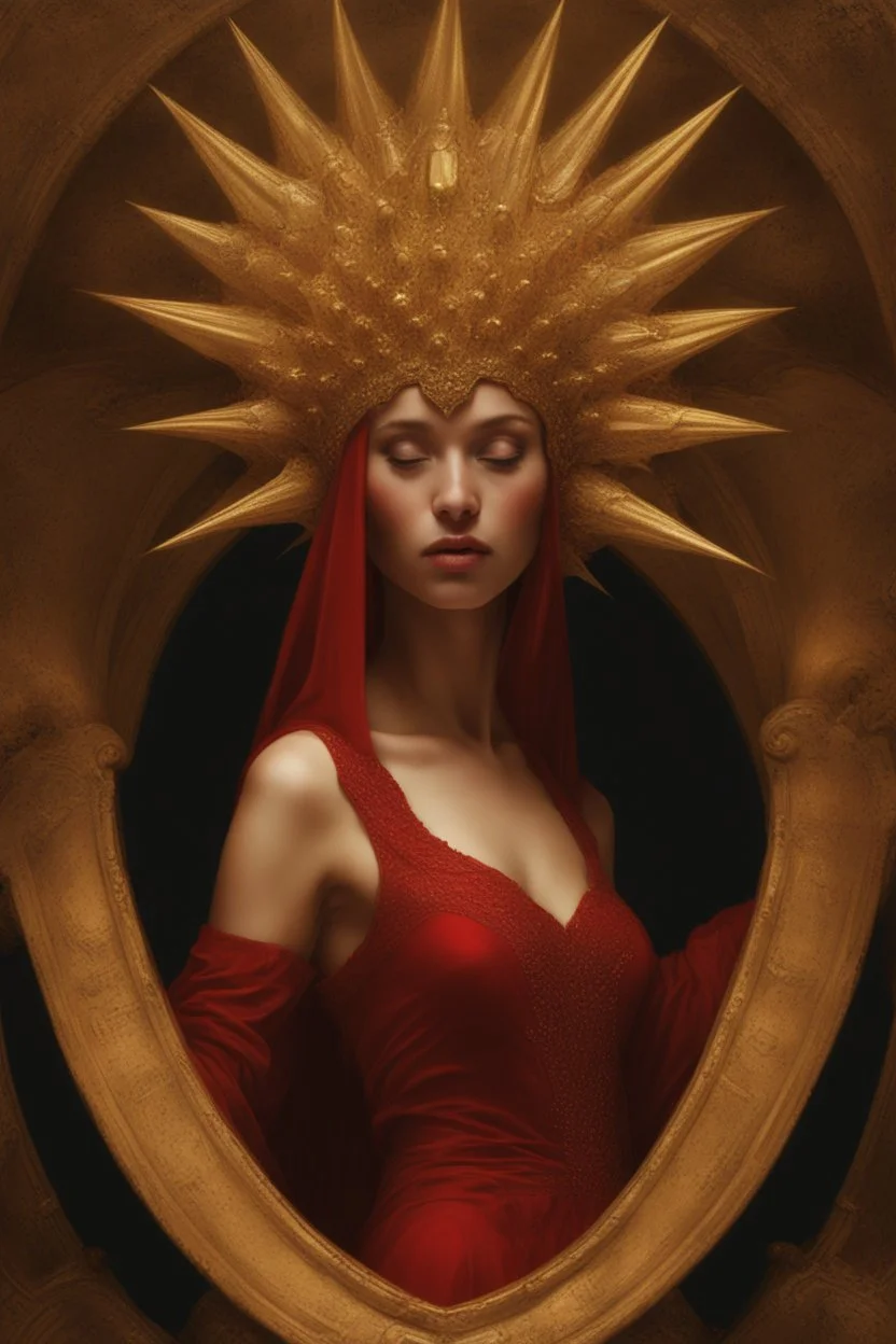 lady in red veils her face and has a large golden spiked crown, in the style of celestial fasion, otherworldly beauty, davide sorrenti, celestialpunk, album covers, fra angelico, aykut aydogdu, queencore, golden age aesthetics --s 750 --v 6. 0 --ar 10:13