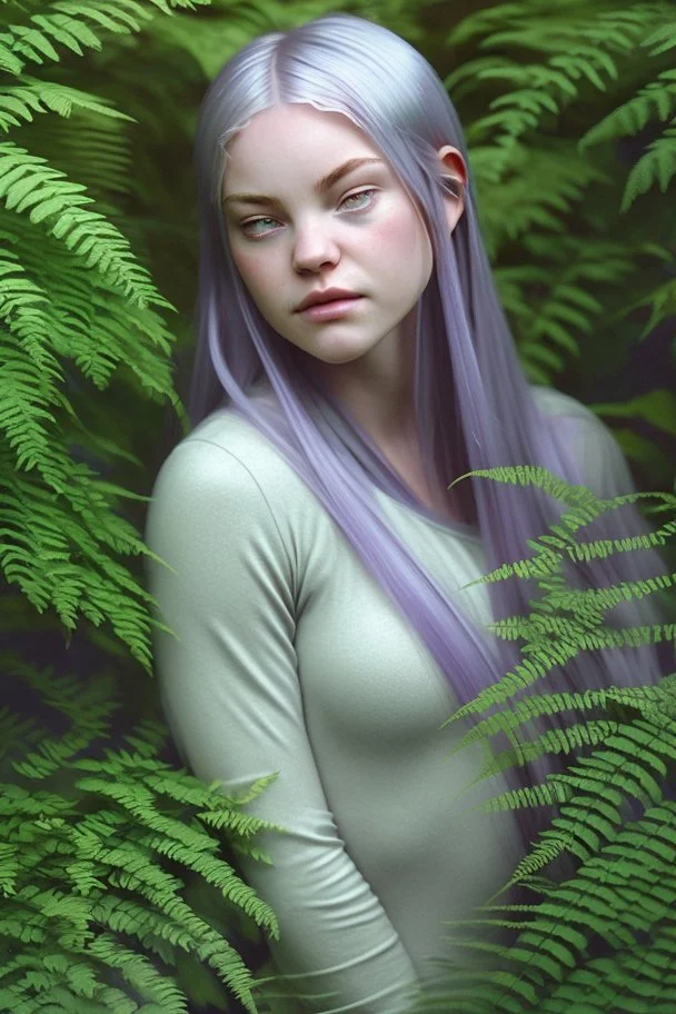 With a carefree abandon, Fiona sprawls amongst the ferns, her silvery hair fanning out around her like a halo of moonlight. Her cerulean eyes gleam with an otherworldly light, their pupils slightly dilated as they take in the ever-shifting colors of the hallucinatory world around her. Her cheeks bear a rosy flush, mirroring the warmth of her laughter and the forest's magic that courses through her veins. Her lips are curled into a perpetual smile, a testament to the joy that radiates from withi