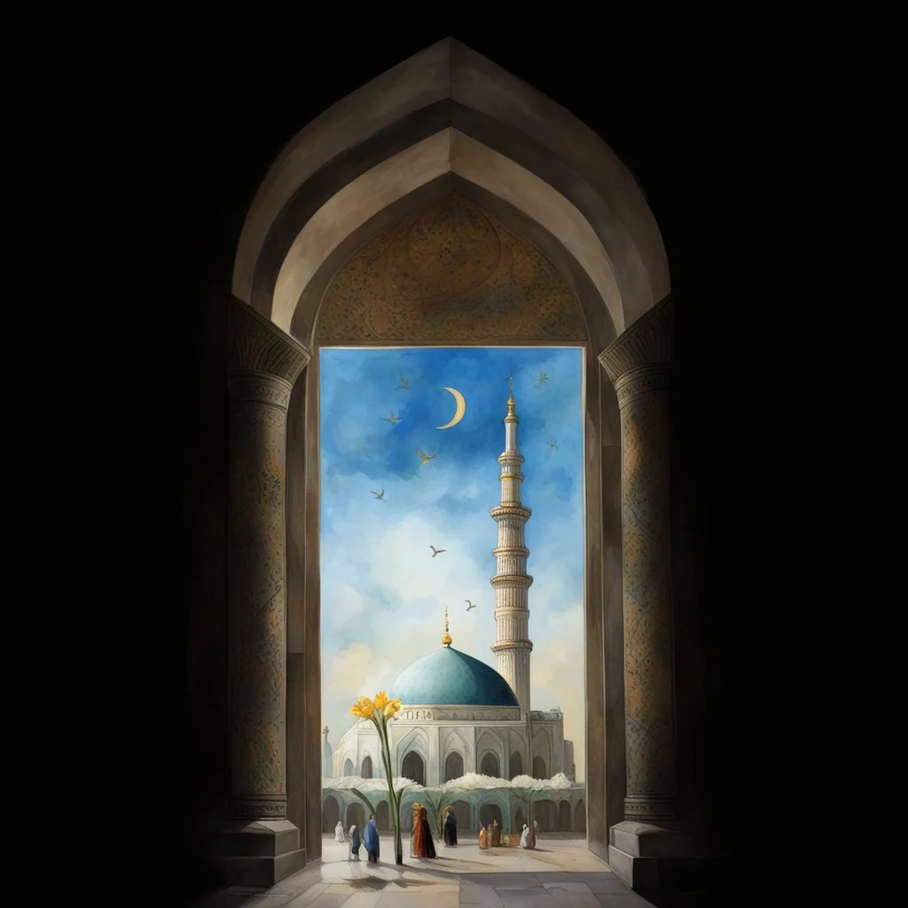 Big person zoom in like the Prophet Muhammad see the jamkaran mosque in Iran has more blue green color and gold for pattern islamic in the dome . one big domes with beautiful lighting . white Daffodil flower in the floor , clouds with small birds in sky with crescent moon of ramdan . painting watercolor ,simple and islamic style , Painting watercolor ,people in the pictuer