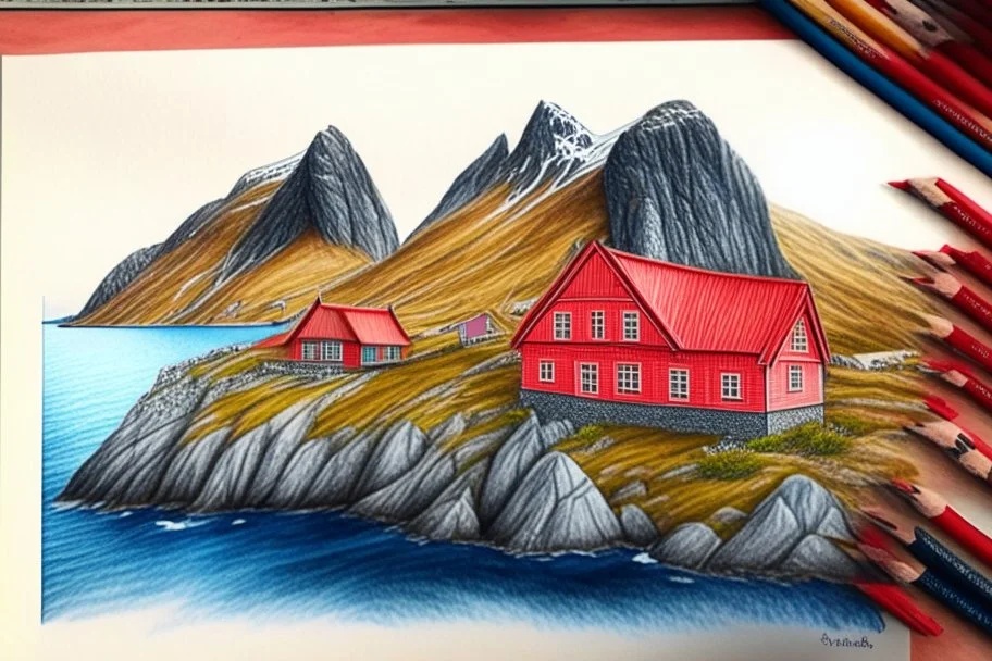 Colored pencil drawing, Very detailed, Drawing of the colorfull nature of Lofoten Island in Norway, with a characteristic red houses, Ultra Realisic