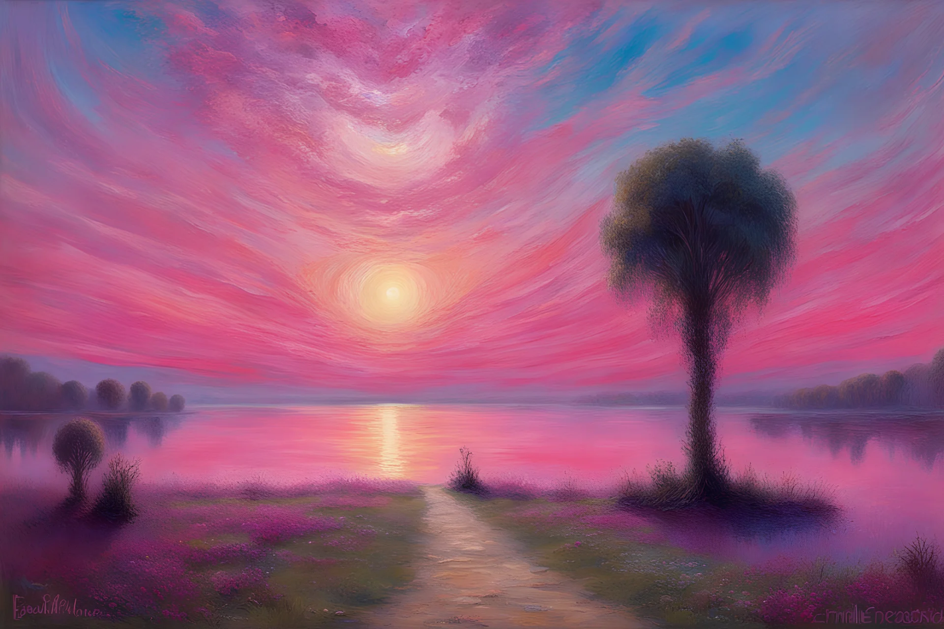 fushsia sky, planet in the sky, lake, sci-fi, mountains, galactic cosmic influence, friedrich eckenfelder and emile claus impressionism paintings