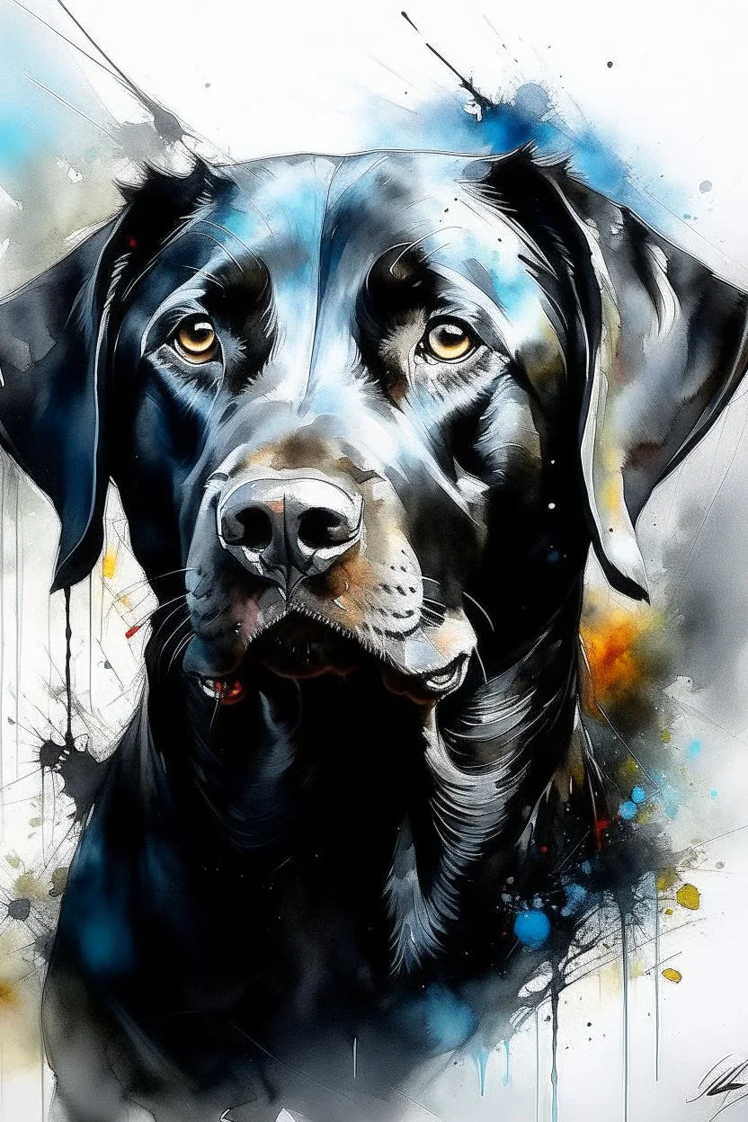 A portrait of black Labrador by Willem Haenraets, watercolor, wet on wet and splattering techniques, centered, perfect composition, abstraction, surrealism