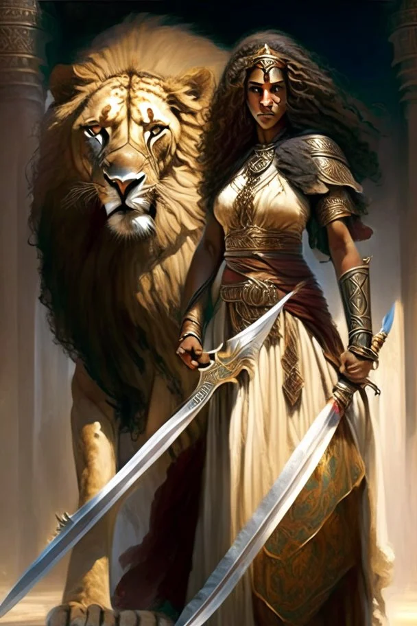 An Arab warrior, a full-body female, whose hair is not visible from the dress, holding a sword, standing next to a powerful lion