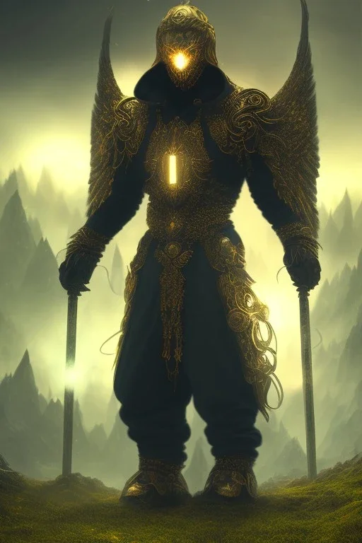 berserker made of energy portrait, no face, black jogging suite , in the night Alps, angels background, volumetric gold light, high detail, dark leaf tree, dark mountains in background, perfect, HR Giger style