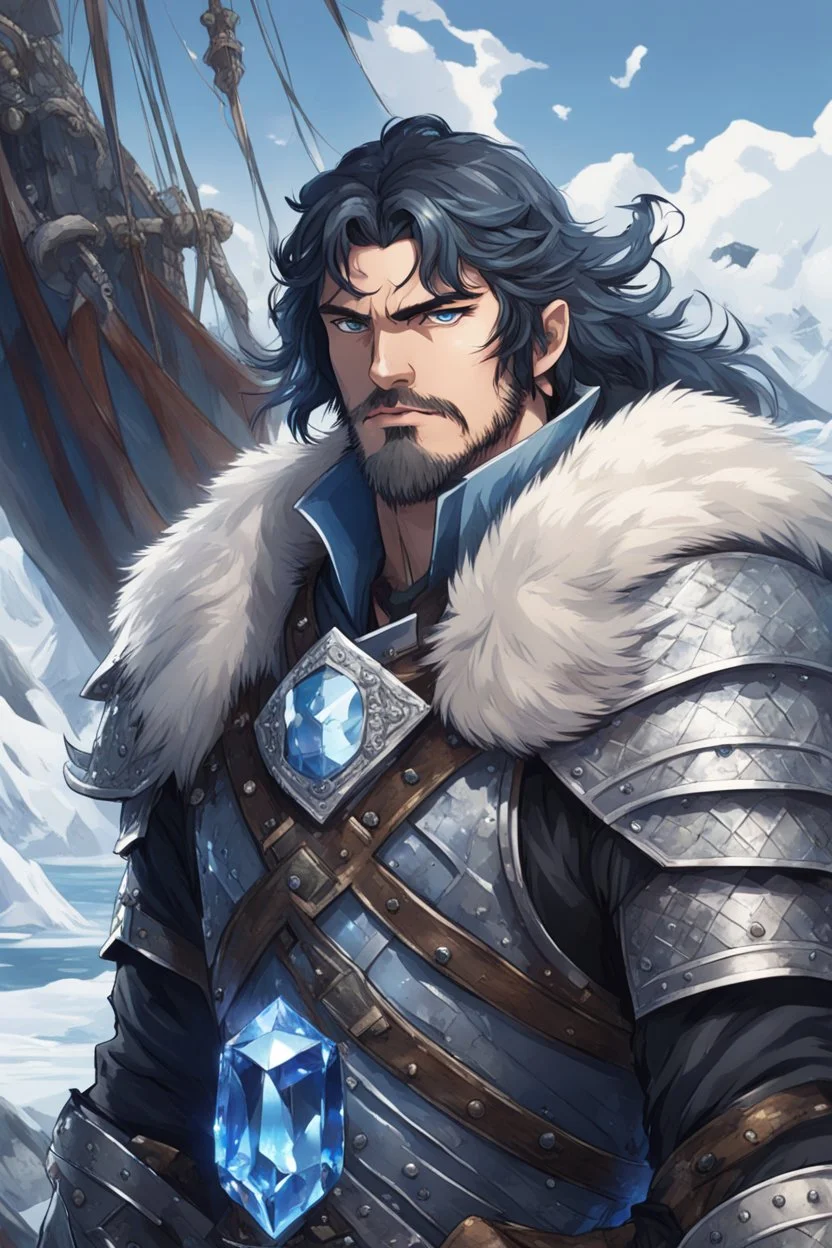 in anime style, 1man, a man with blue eyes and black hair man in silver Viking armor with fur around the neck with blue crystal on his chest holding an axe in his hands standing on a pirate ship in the artic, warrior in anime style,