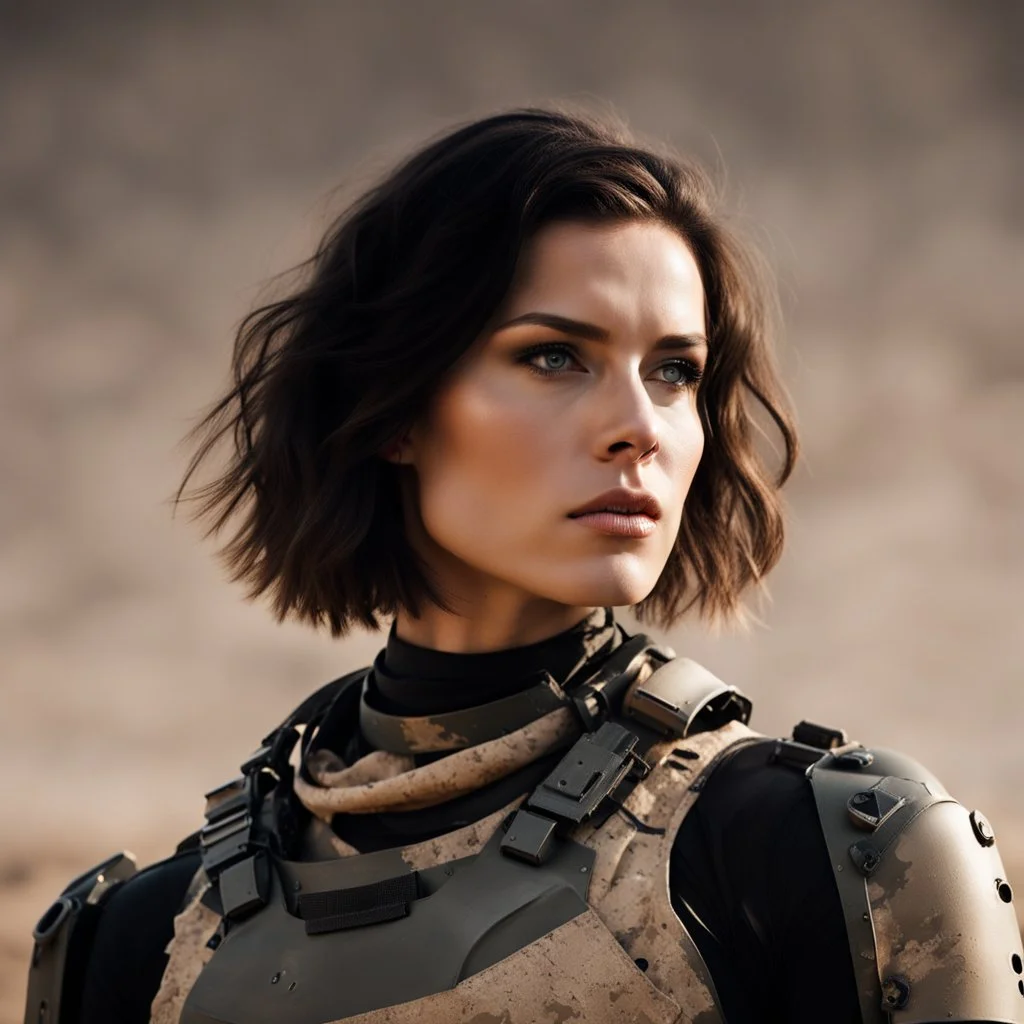 beautiful sexy caucasian female soldier, black metal body and limbs, visible cybernetic limbs, scratched sand camo, no armor, short brunette wavy bob haircut, dystopian, desert scene