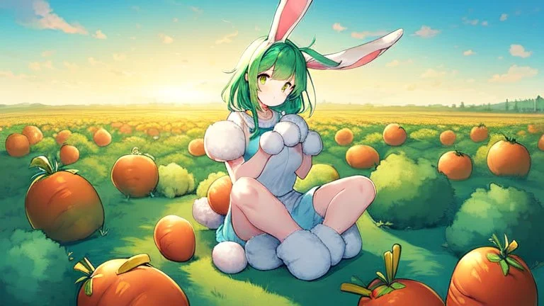 Girl, green hair,rabbit paws in hand, farm, sit, rabbit paws in feet, blushed, eat a carrot