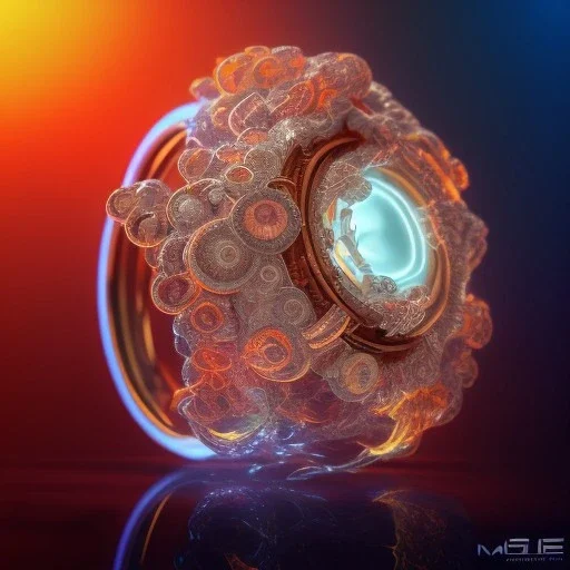 Ring made by wood roots and shreds of glass, orange diamonds sparkles, red rubi fragments around, blue lights reflexes, complex structure, gold details, intricate ring pattern,Unreal Engine 5, lens macro,sharp focus, realistic, hyper detailed, studio lighting, neon light ambient, cinematic