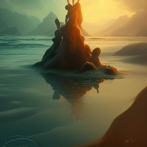  book cover, fantasy art, sandy beach, water, reflection, misty, detailed