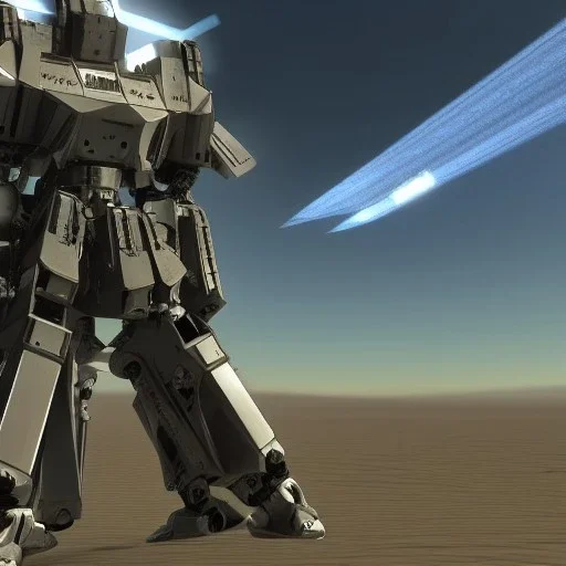 Armored Core machine robot fights another Armored Core fly in the sky in the desert with the ocean where you can see the space in the sky with the night on the horizon, 4k resolution