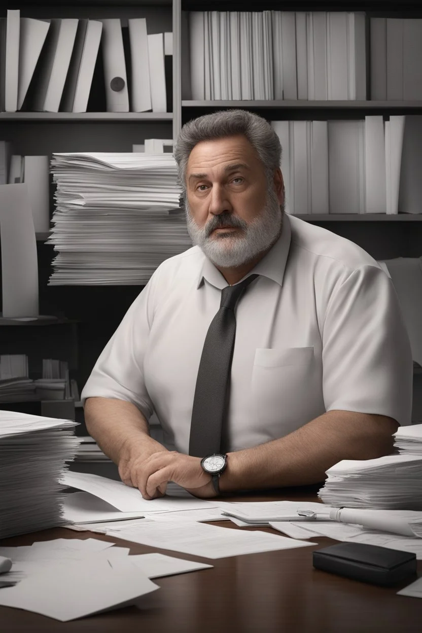 worried chubby italian 53-year-old burly Italian lawyer shirtless, with tie on his hairy manly chest, at his desk full of papers, abat-jour dim light, very short beard, hyperrealistic, ambient occlusion, photorealistic, high detailed, 32k