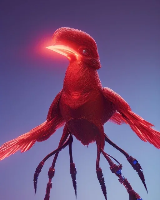 A beautiful portrait of a cyborg phenix bird ,fire red colour scheme, high key lighting, volumetric light ,high details ,psychedelic background