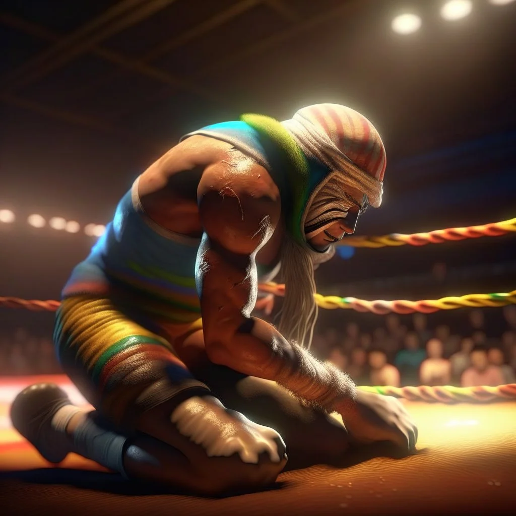 wrestler in the ring doing a piledriver on a scarecrow, 4 k, down-light, soft light, depth of field, photo realism, trending on art station, high detail, spray paint