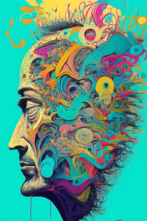 "Chaos Is Our Mental State"; Side Profile Of A Human Head Full Of A Chaotic Whirlwind Of Faces, Symbols, Words, And Products; Pop Art; Surrealism; Salvador Dali, Alex Pardee, Insanely Detailed; Intricate; Award-Winning; Bright Pastels