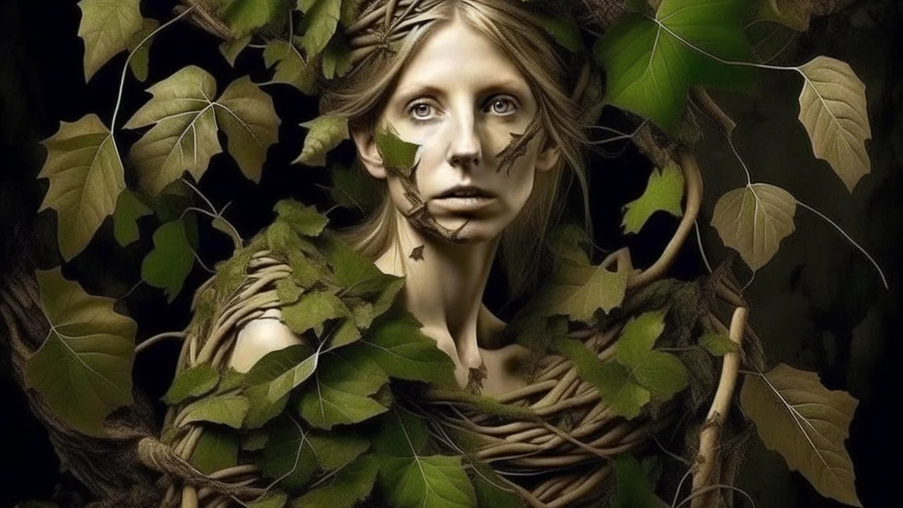 surreal woman covered in vine leaves, small table and worn canvas with a sketch , concept art in the style of Sam ziman