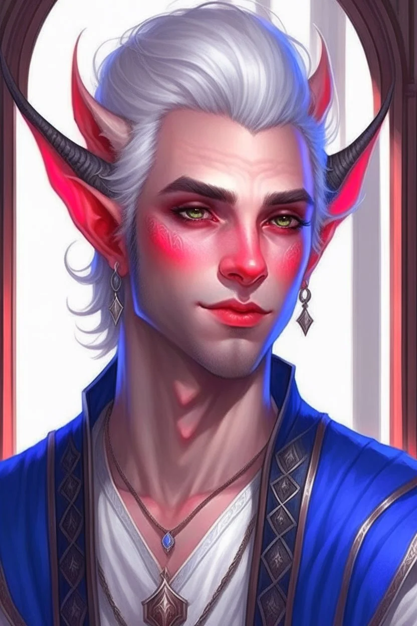 a romantic tiefling with no horns young man with long pointy ears and blue eyes, wears lots of jewelry, white hair