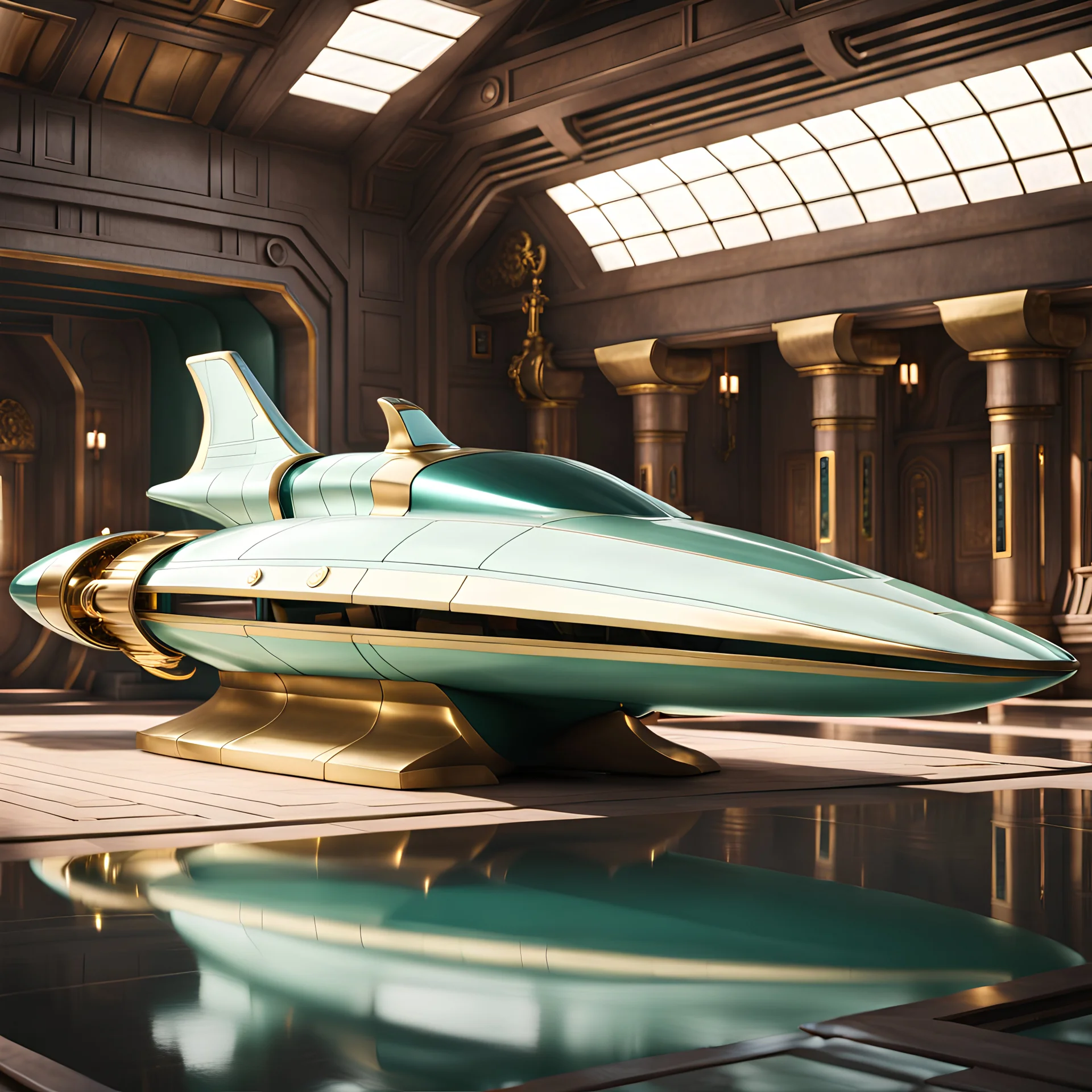 stunning hyper-realistic render of a sleek and elegant Naboo staryacht in pearlescent teal green with gold trim sitting in ancient jedi temple hangar, fully symmetric details