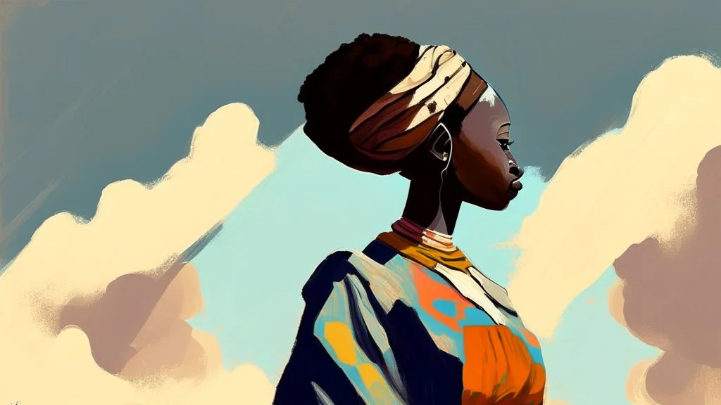 Design, African woman, oil painting, featureless, graphic, drawing without facial features, background, sky, traditional clothes, cartoon, looking left