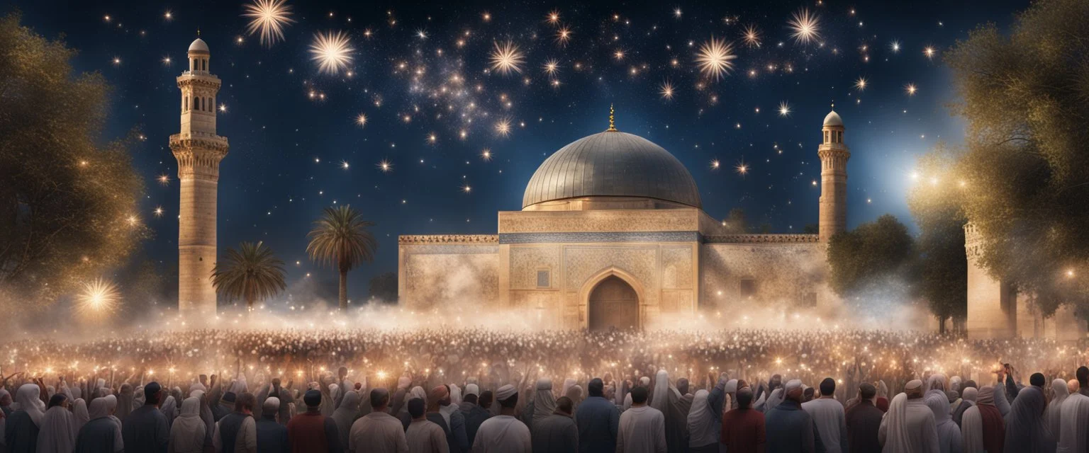 Hyper Realistic lots of people celebrating outside al-aqsa mosque with garland lights at night with stars on sky