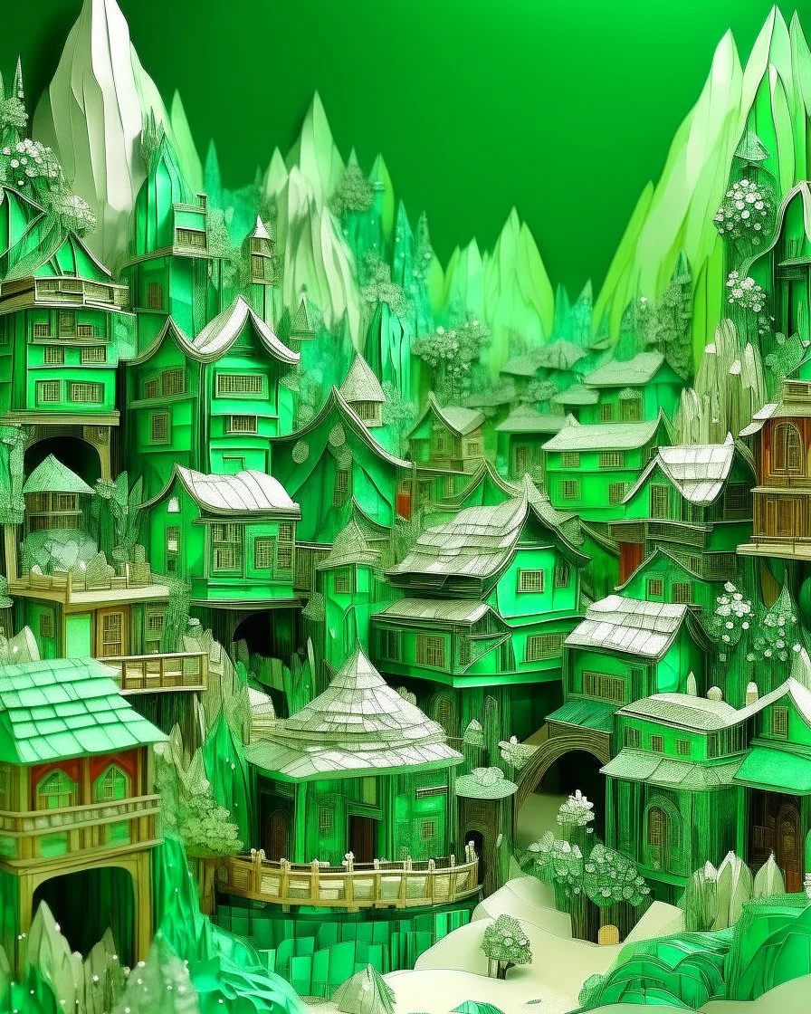A green mechanical village with crystals designed in Chinese paper art painted by Gustave Courbet
