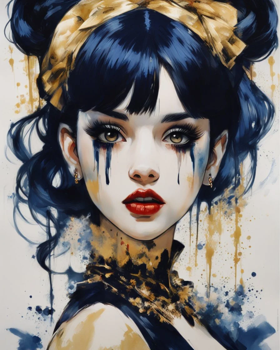 Poster in two gradually, a one side malevolent goth vampire girl face and other side the Singer Melanie Martinez face, painting by Yoji Shinkawa, darkblue and gold tones,