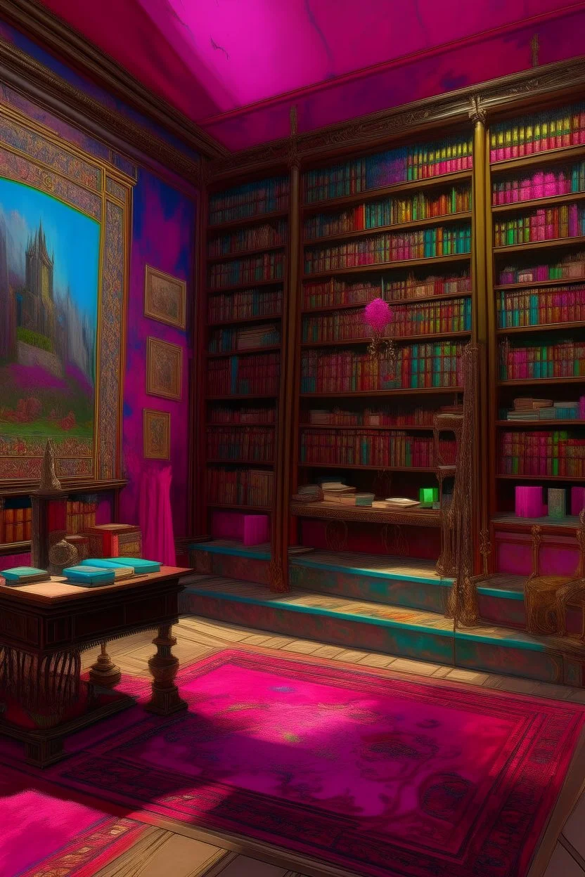 A magenta arcane library with psychic books painted by Claude Monet