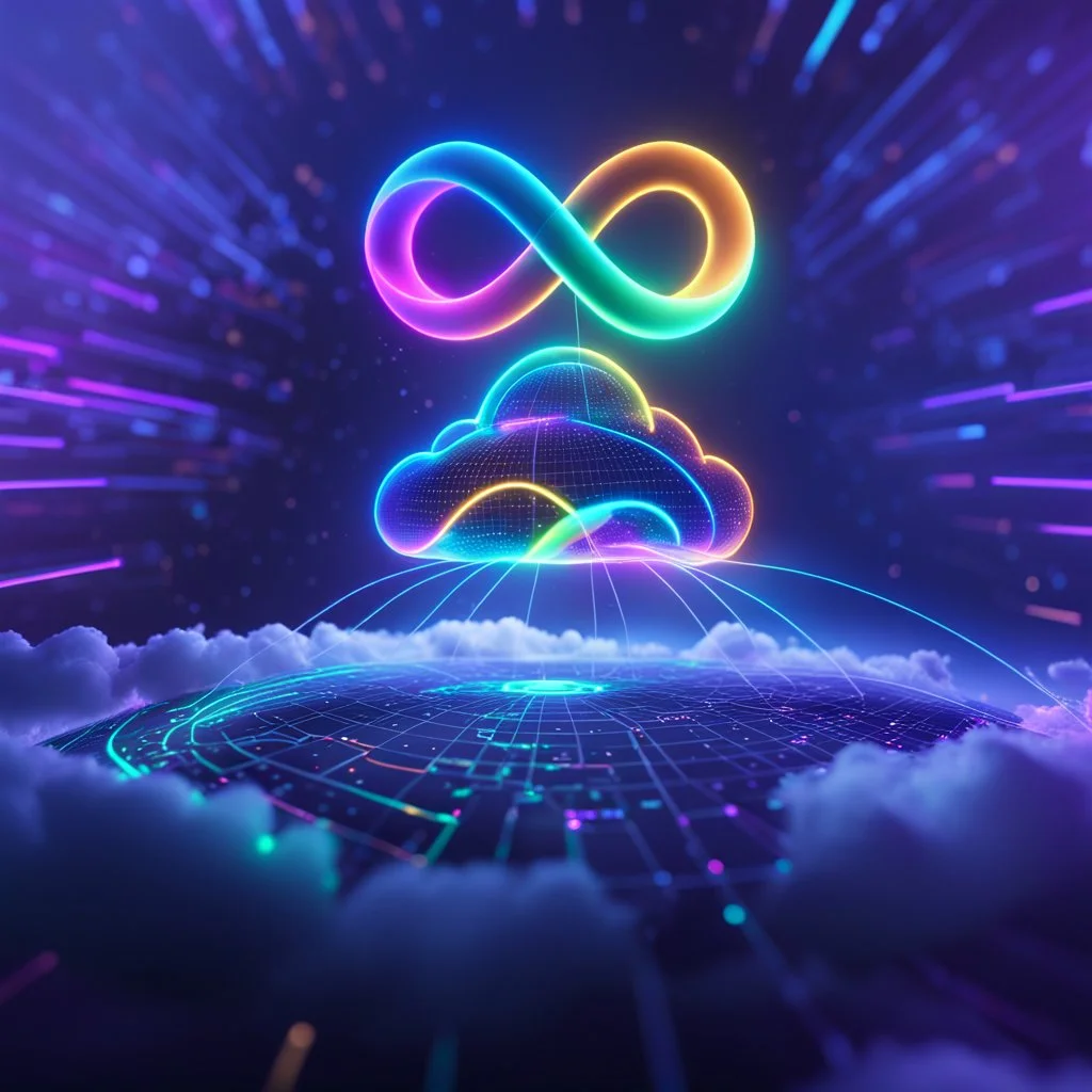 Colourful 3D glowing infinity symbol ∞, hovering above a colourful glowing cloud, network and lights coming from the cloud onto a futuristic map of the globe, inspiring, neon, glowing, friendly, beautiful, octane render, 8k post-production, artstation: award-winning: atmospheric: commanding: fantastical: clarity: 16k: ultra quality: striking: brilliance: liquid medium: stunning colors: amazing depth; lens: f/8, 28mm