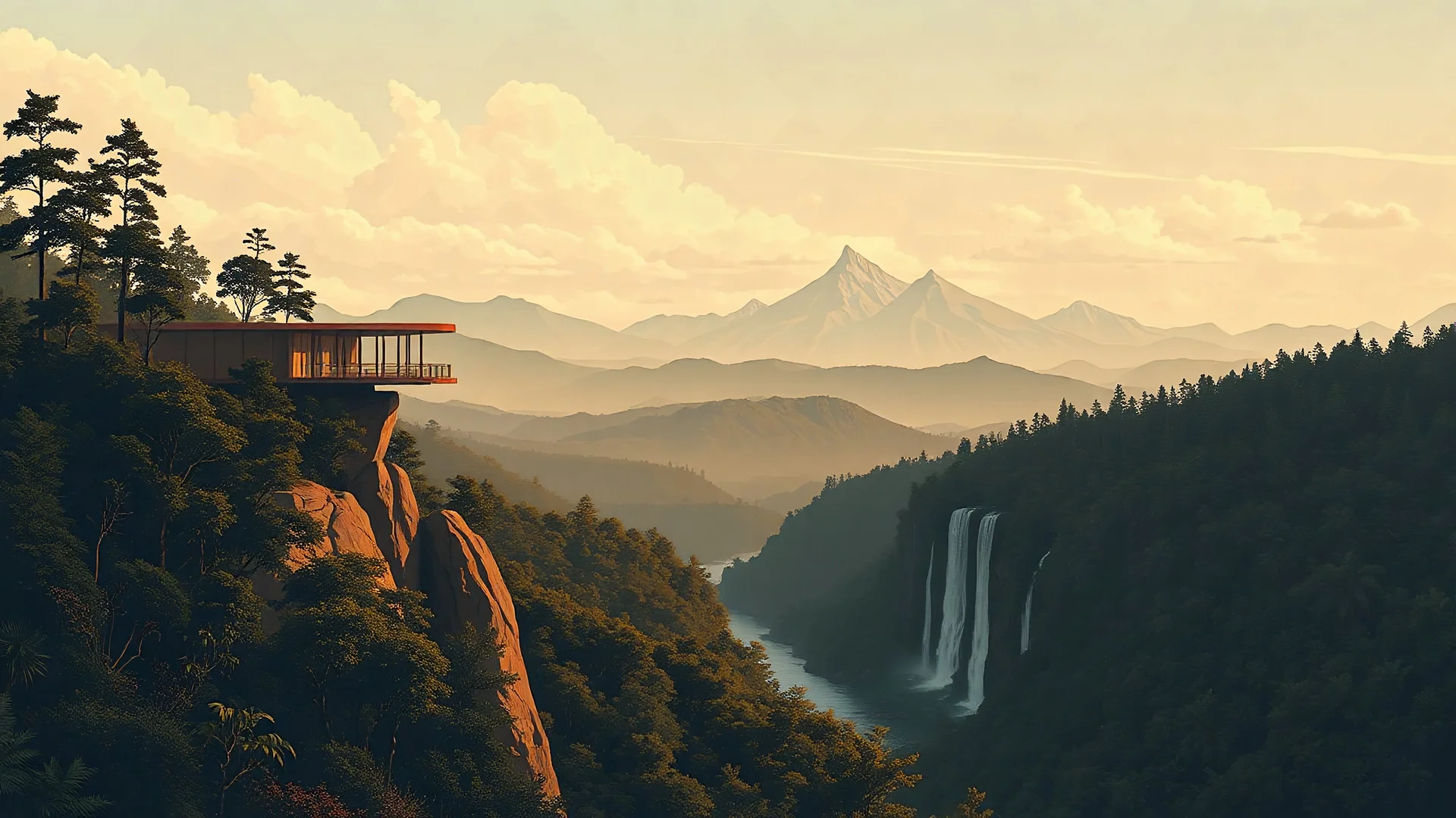 An ultra-minimalist illustration in rich natural tones; a blend of industrial design, jungle and forest amid a sweeping landscape. A cantilevered visitor center & viewpoint extends from a hillside, built into the landscape along the treeline in the foreground, next to a river. A series of waterfalls cascade down a cliff face midground. Majestic mountain peaks sit in the background in a beautifully clouded afternoon sky.