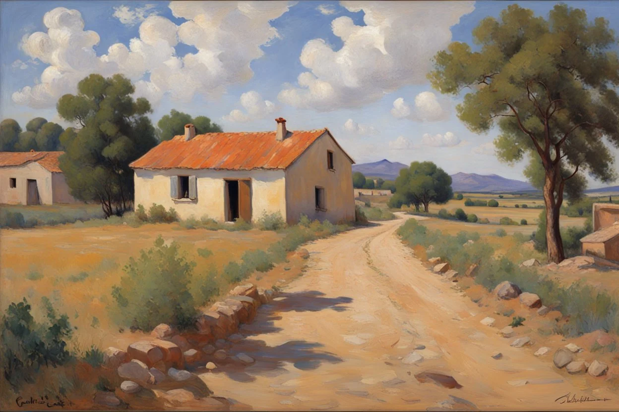 sunny day, clouds, rocks, trees, mountains, countryside, dirt road, adobe old house, gustave caillebotte and pieter franciscus dierckx impressionism paintings