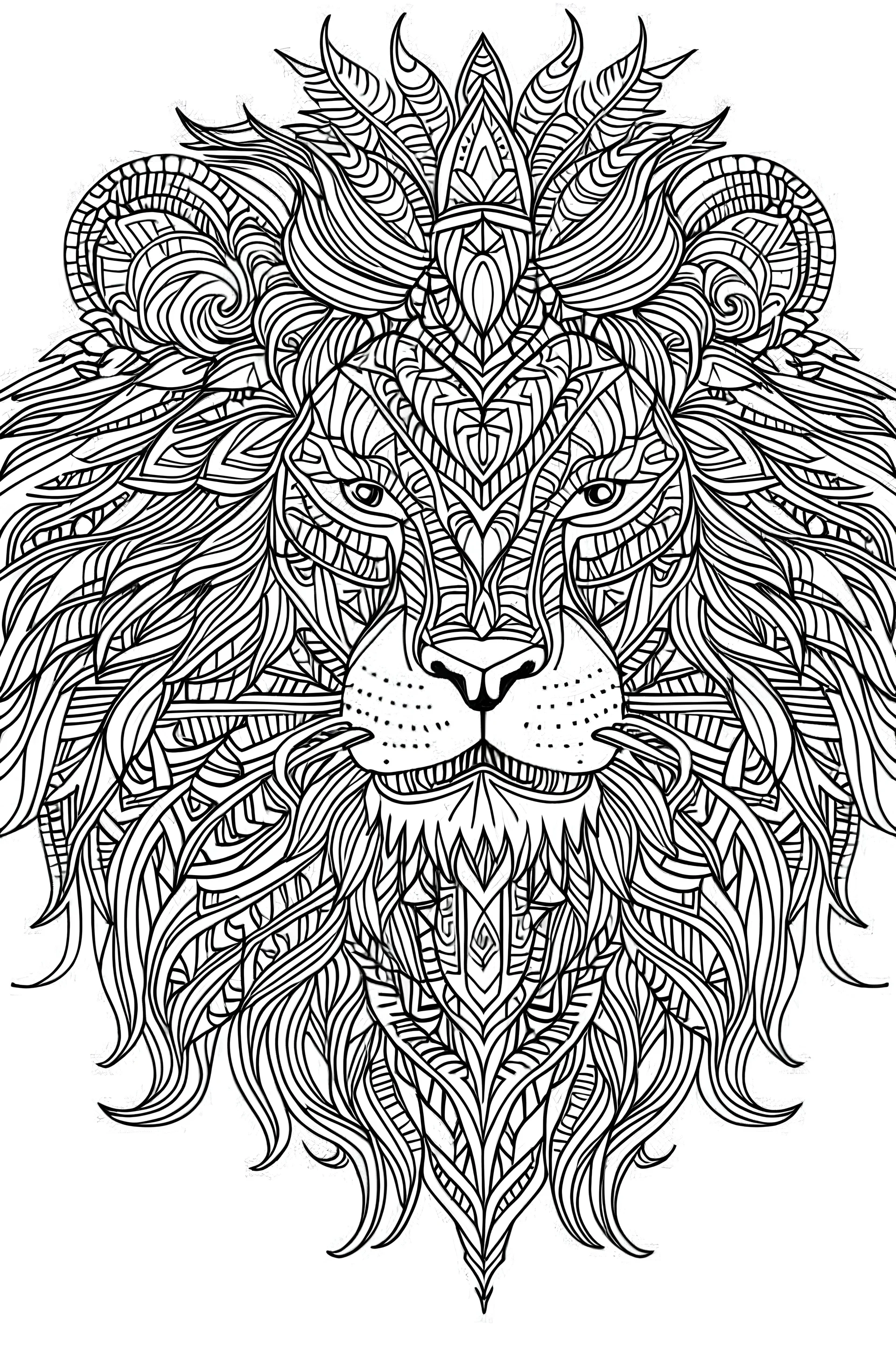 adult coloring book, Mandala style, lion, white background, clean line art, fine line art