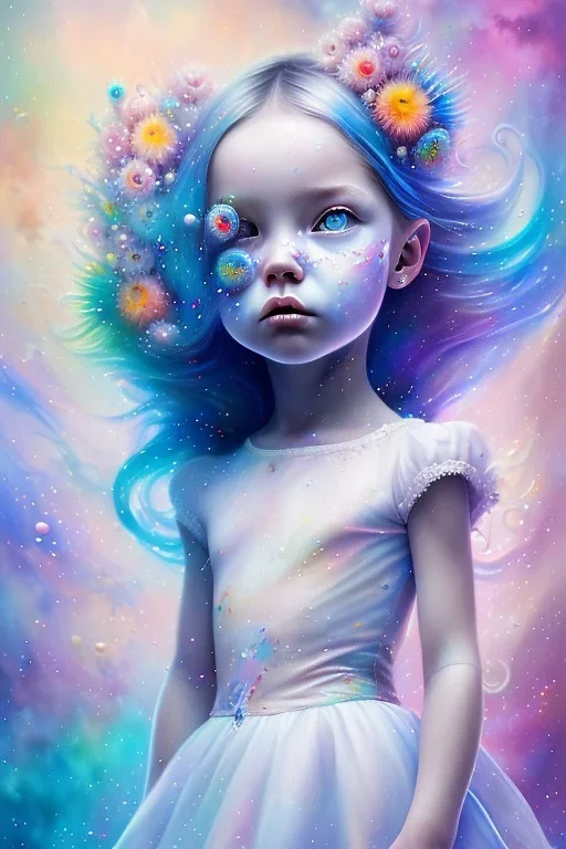 a little girl,sumetric eyes, blue hair, colorful, watercolor splash, white dress, rainbow flowers, in the style of Camilla d'Errico, hyper detailed, beautiful, complex, trending on artstation, cryengine, national geographic photo, chiaroscuro