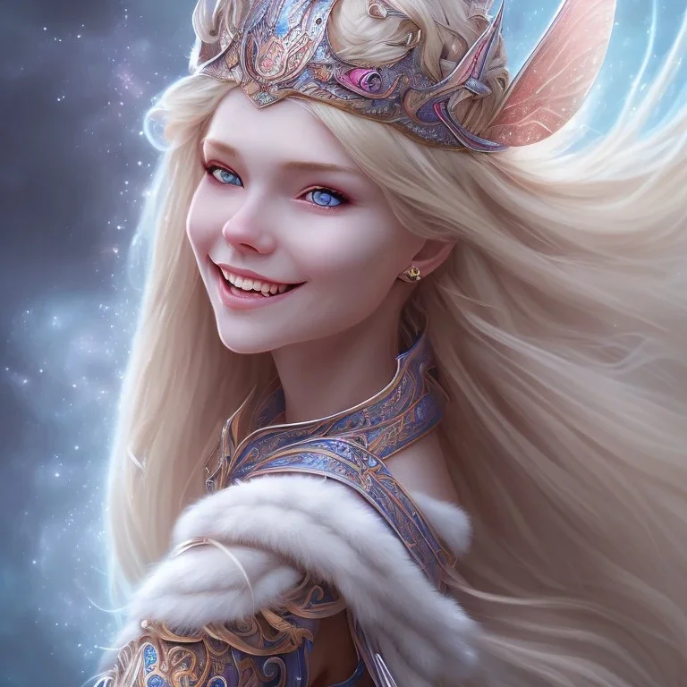 visage souriant, fée du nord, fantasy, grands yeux bleus, cheveux long blond, bleu et rose