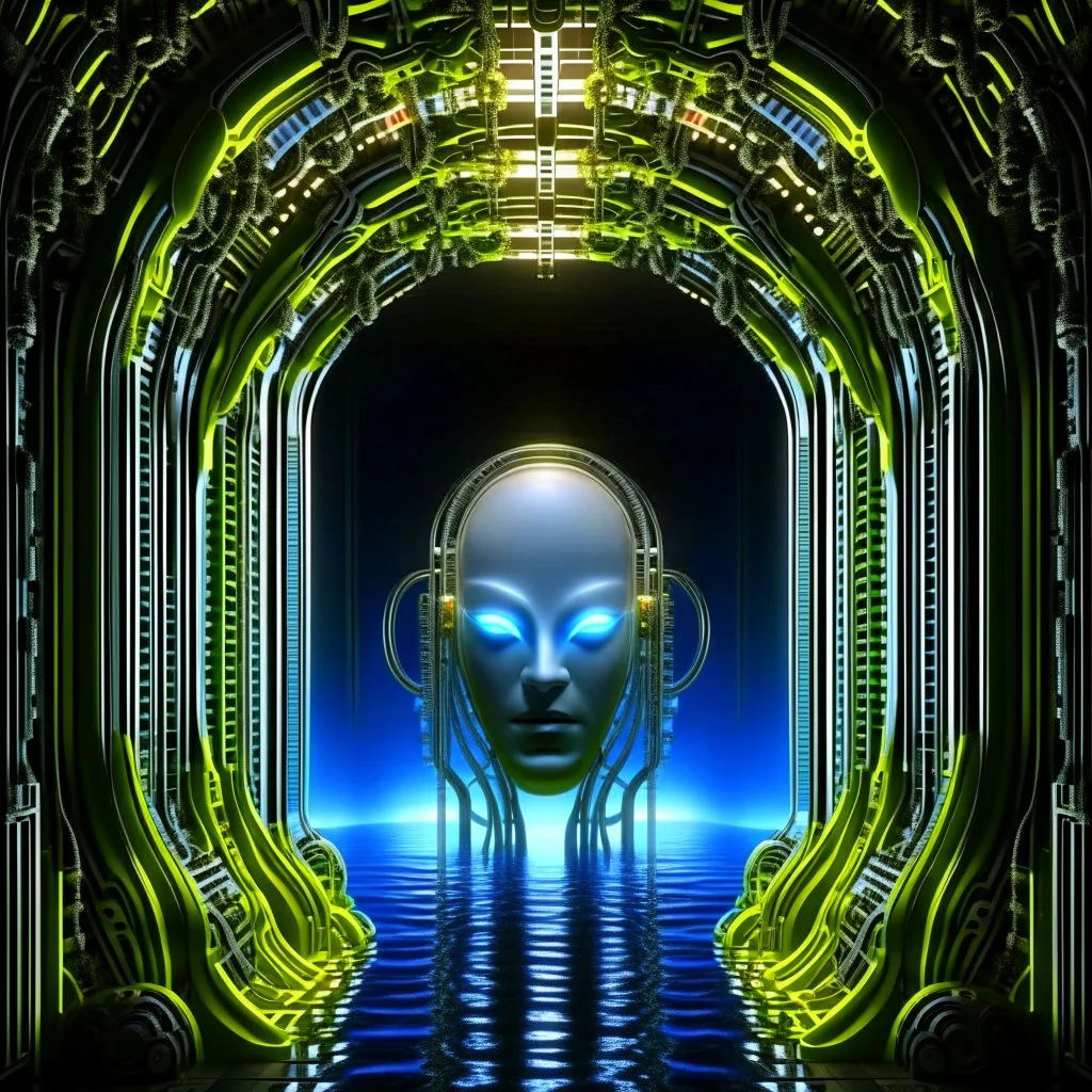 portrait of transparent chat robot in the style of giger, in front of teleporter portal to the sea in an underground grove, in the style of dali, 8k, down-light, soft light, depth of field, photo realism, trending on art station, high detail