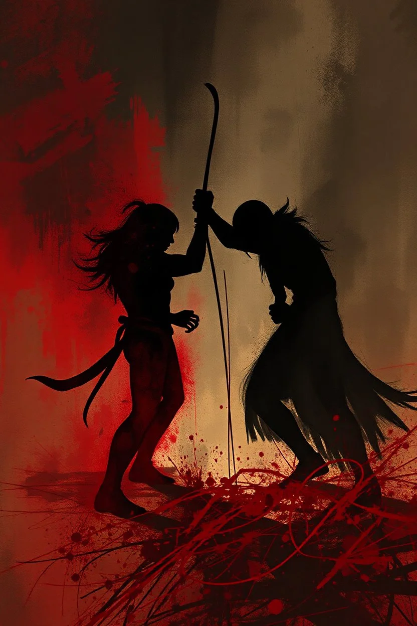 a chaotic, abstract image of two shadows preparing to fight to a bloody death