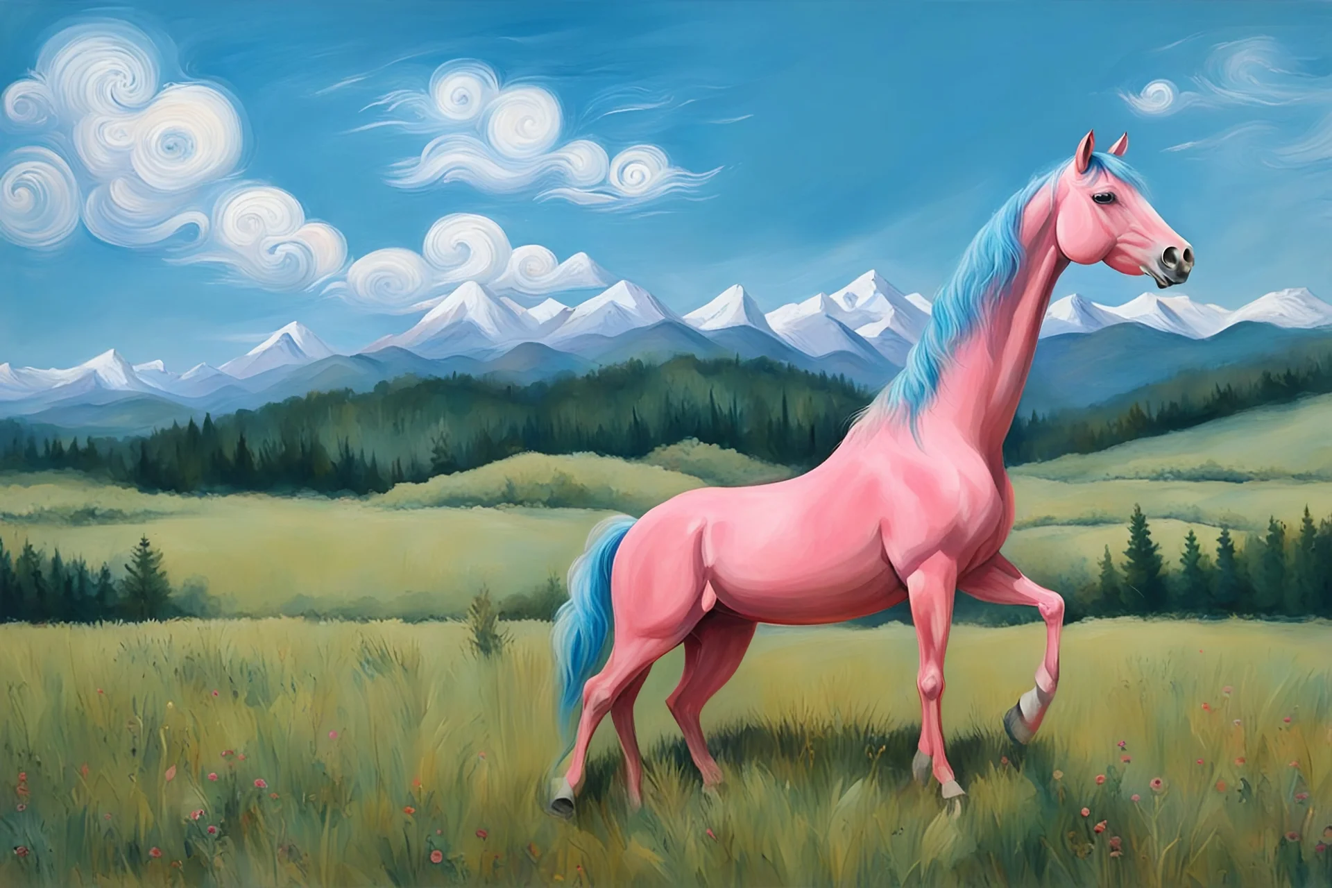 a big plastic pink horse like a 19th painting