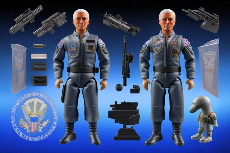 Plastic Mike Pence as G.I. Joe toy Doll figure With a pistol space force Commander Blue fabric uniform, black Moonboot in a clear package