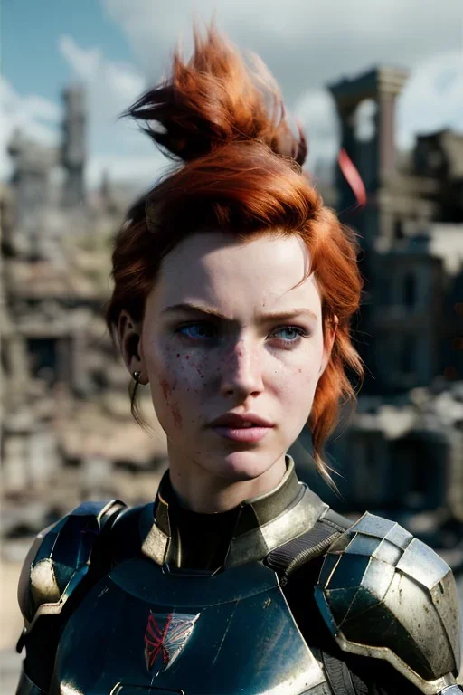 ultrarealistic, ruined city,__Rifts armor__, __angles__, 19 year old woman, strikingly beautiful, ginger hair, silver colour, [__starlets__|__starlets__], (pale __skincolor__ skin:1.2), __camera__, _hair_, detailed face and eyes, medium breasts, leather choker, freckles, dynamic pose, resolved expression, __accessory__, strappy outfit, (straps:1.1), sword in scabard on left hip, (buckles, buttons, snaps, rings:1.0), haltertop style breastplate, detailed eyes, plump lips, sci-fi theme