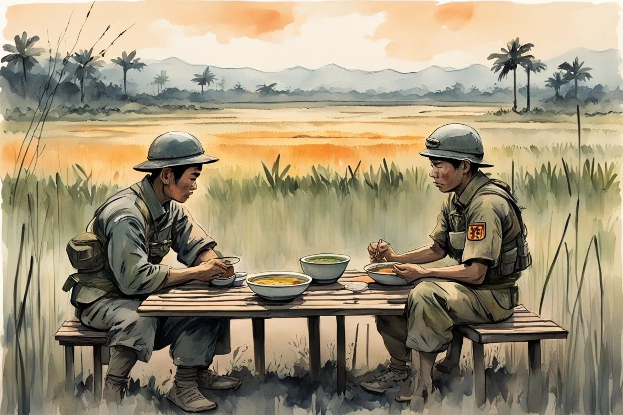 a Viet Cong warrior and a US Army soldier sitting peacefully at a small wooden table at dawn in the middle of a rice field and eating together a big bowl of Pho soup, watercolor and ink, tint bleed, pastel colors of drab, beige, green, black, yellow and orange