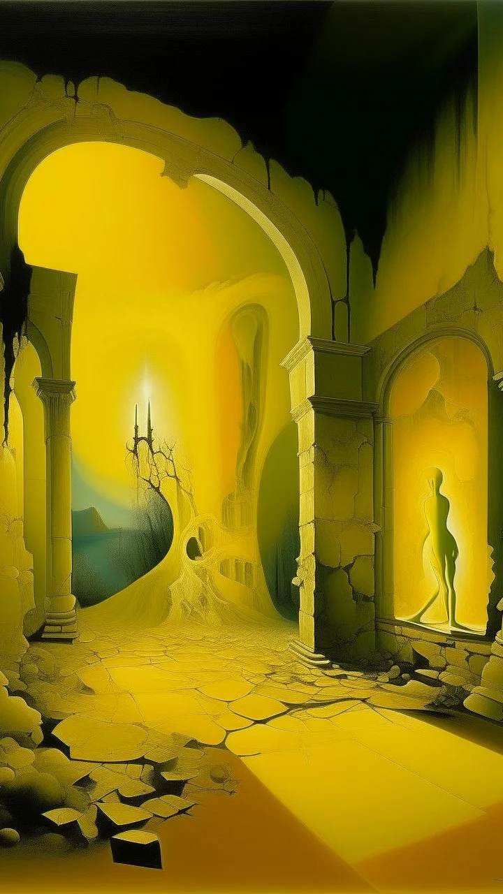 A light yellow ruins with aura light painted by Salvador Dali