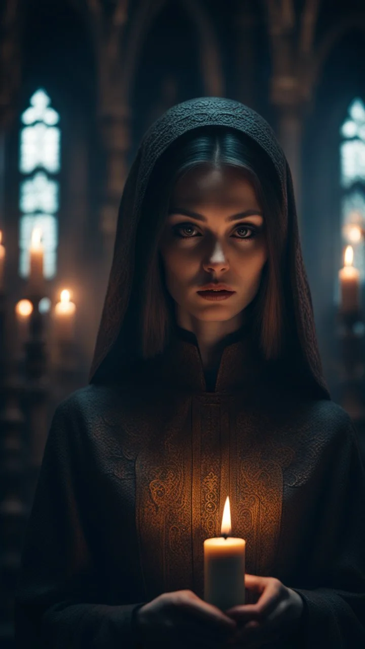 Shi Fi, a beautiful Russian woman in the church holding a candle, atmospheric lighting effects, intricate industrial details, moody atmosphere, eerie grimdark ambiance, complex motherboard accents, speculative fiction art. Bokeh