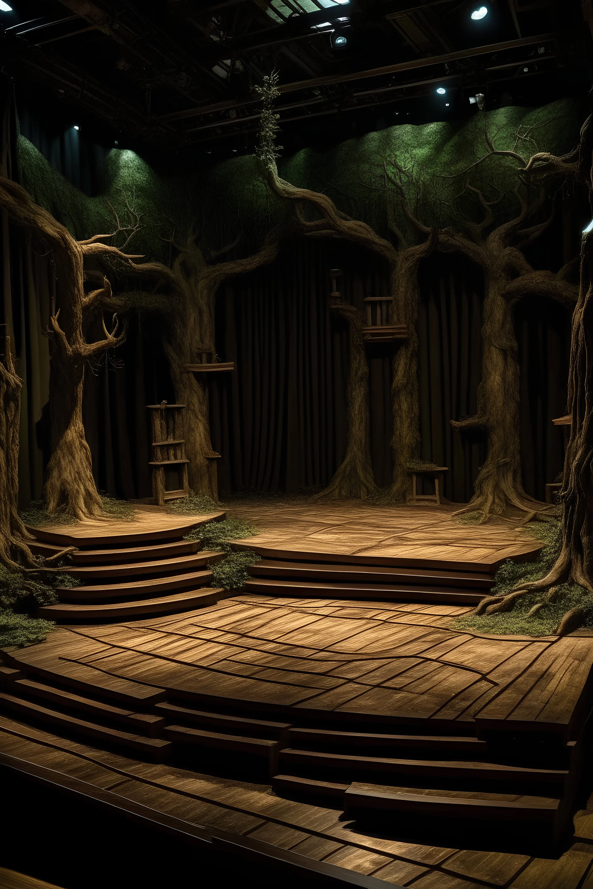 an immersive set design for the stage musical into the woods. woodchips on the stage floor, a swing down stage left and foliage everywhere. a backdrop of a forest to be at the back. needs to be a platform at two levels upstage - higher on the sides going down lower in the middle. upstage centre needs to be a tree covered tower with an opening in the middle.