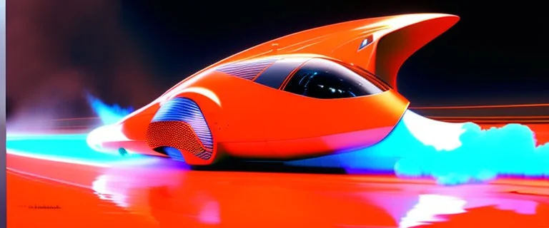 award winning car and driver photograph of a futuristic station wagon designed by only one vehicle per image painted metallic orange traveling at a high rate of speed, jet intake off of front center of vehicle and jet exhaust out the rear with bright blue flame, bilaterally symetrical, more a high speed road vehicle